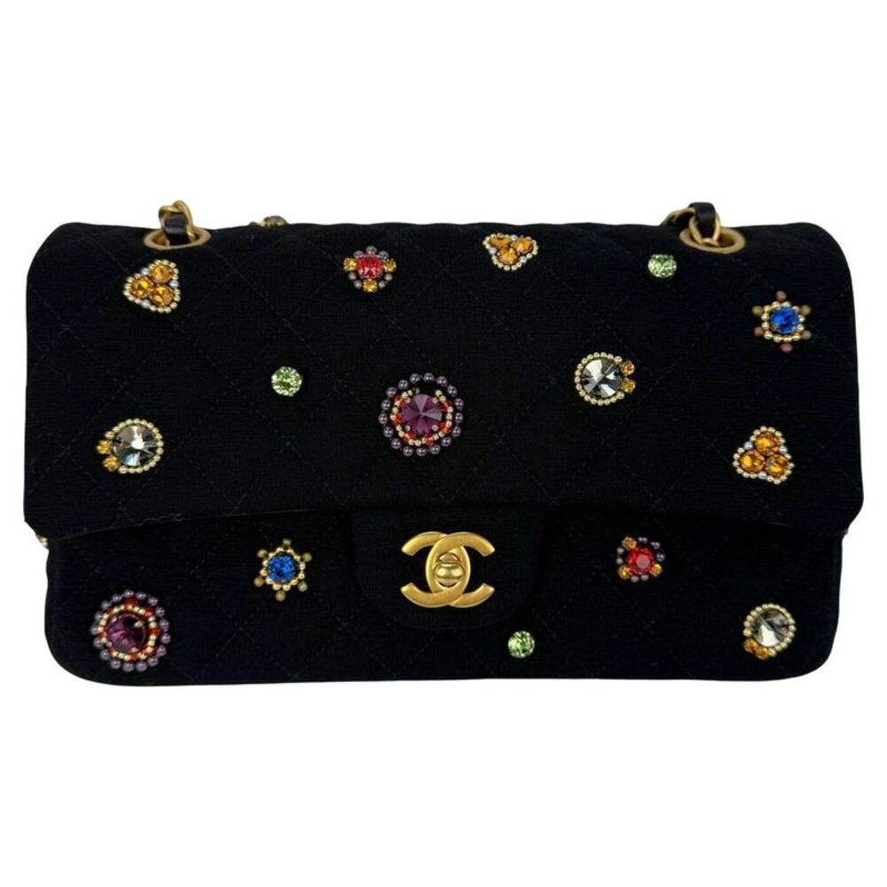 Chanel Jersey Knit Quilted Crystal Embellished Medium Double Flap Shoulder Bag